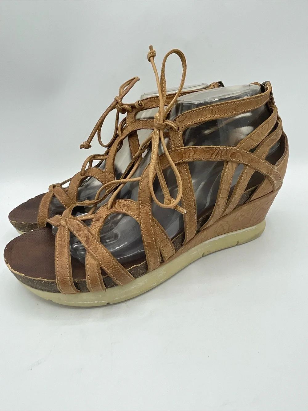 OTBT Nomadic Leather Tan Lace-Up Strappy Wedge Sandals.